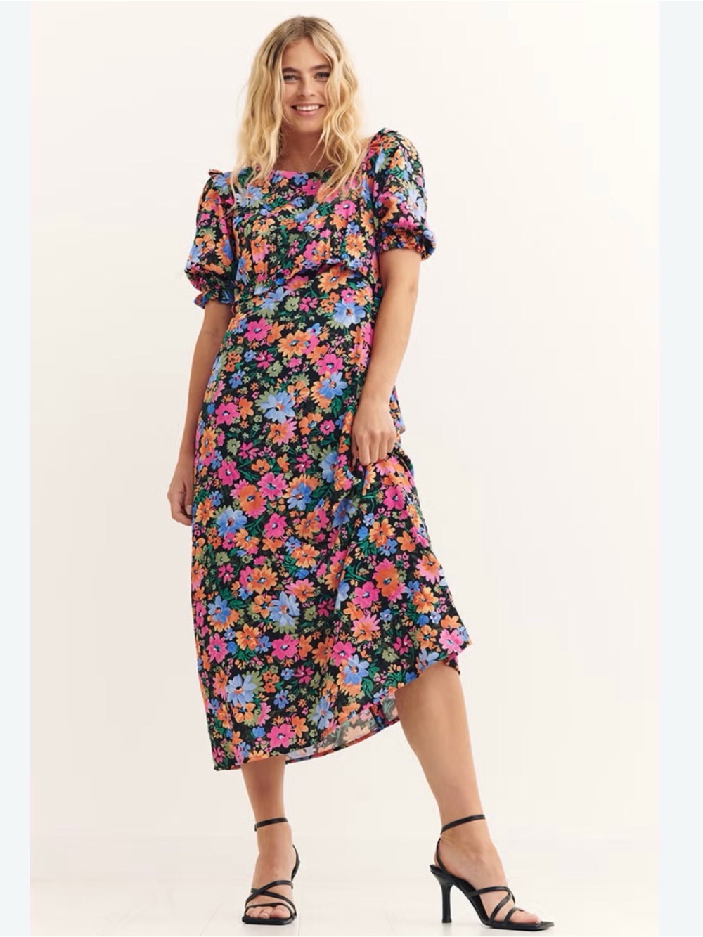 Nobody’s Child Plus Felicia Bold Floral Print Midi Dress Black Puff Sleeve US 16